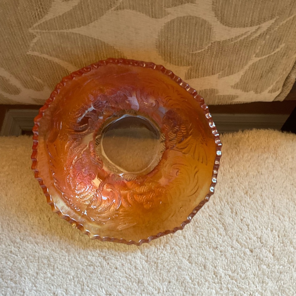 Fenton Marigold Gorgeous Carnival Glass Pine Cone small bowl with cut edges.